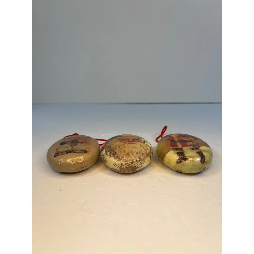 Vintage Paper Mache Santa Claus Christmas Ornaments Set of 3 Victorian Oval